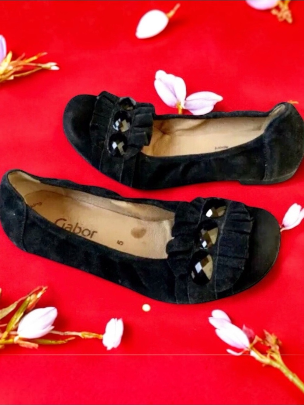 GABOR Ballet Flat black Suede Gemstones + Ruffles